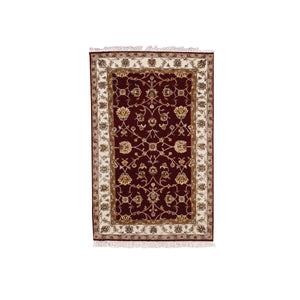 3'x5' Burgundy Red, Thick and Plush, Wool and Silk, Hand Knotted, Rajasthan, All Over Leaf Design, Oriental Rug FWR450294