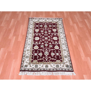 3'x5' Burgundy Red, Thick and Plush, Wool and Silk, Hand Knotted, Rajasthan, All Over Leaf Design, Oriental Rug FWR450294
