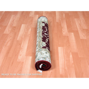3'x5' Burgundy Red, Thick and Plush, Wool and Silk, Hand Knotted, Rajasthan, All Over Leaf Design, Oriental Rug FWR450294