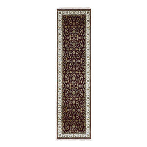 2'7"x10' Burgundy Red, All Over Leaf Design, Thick and Plush, Wool and Silk, Hand Knotted, Rajasthan, Oriental, Runner Rug FWR450330