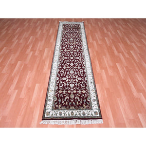 2'7"x10' Burgundy Red, All Over Leaf Design, Thick and Plush, Wool and Silk, Hand Knotted, Rajasthan, Oriental, Runner Rug FWR450330
