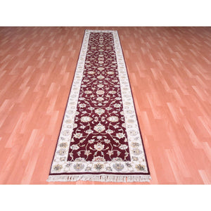 2'8"x14'1" Burgundy Red, Rajasthan, Thick and Plush, Wool and Silk, Hand Knotted, Oriental, Runner Rug FWR450336