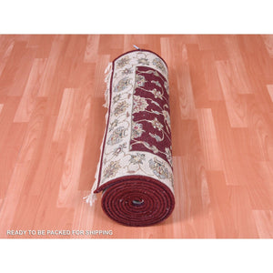 2'8"x14'1" Burgundy Red, Rajasthan, Thick and Plush, Wool and Silk, Hand Knotted, Oriental, Runner Rug FWR450336