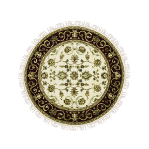 4'2"x4'2" Ivory, Thick and Plush, Wool and Silk, Hand Knotted, Rajasthan, All Over Design, Oriental, Round Rug FWR450354