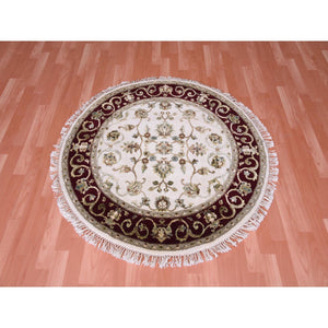 4'2"x4'2" Ivory, Thick and Plush, Wool and Silk, Hand Knotted, Rajasthan, All Over Design, Oriental, Round Rug FWR450354