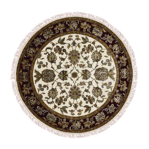 5'2"x5'2" Ivory, Rajasthan, All Over Leaf Design, Thick and Plush, Wool and Silk, Hand Knotted, Oriental, Round Rug FWR450366