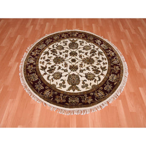5'2"x5'2" Ivory, Rajasthan, All Over Leaf Design, Thick and Plush, Wool and Silk, Hand Knotted, Oriental, Round Rug FWR450366
