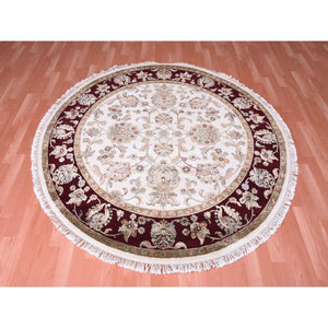 6'1"x6'1" Ivory, Wool and Silk, Hand Knotted, Rajasthan, All Over Leaf Design, Thick and Plush, Oriental, Round Rug FWR450378
