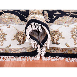 8'3"x8'3" Midnight Black, Hand Knotted, Rajasthan, Thick and Plush, Wool and Silk, Oriental, Round Rug FWR450396