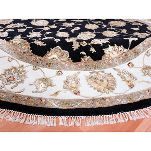 8'3"x8'3" Midnight Black, Hand Knotted, Rajasthan, Thick and Plush, Wool and Silk, Oriental, Round Rug FWR450396