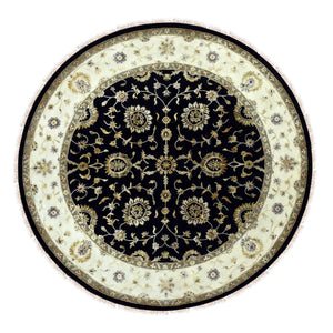 10'2"x10'2" Black, Rajasthan, All Over Design, Thick and Plush, Wool and Silk, Hand Knotted, Round, Oriental Rug FWR450402