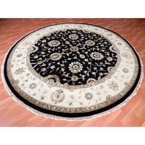 10'2"x10'2" Black, Rajasthan, All Over Design, Thick and Plush, Wool and Silk, Hand Knotted, Round, Oriental Rug FWR450402