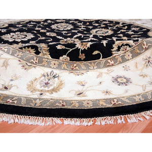 10'2"x10'2" Black, Rajasthan, All Over Design, Thick and Plush, Wool and Silk, Hand Knotted, Round, Oriental Rug FWR450402
