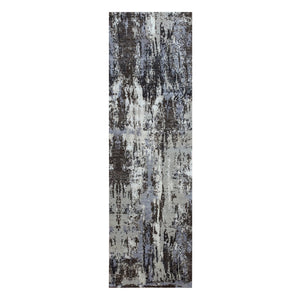 2'6"x8'3" Charcoal Gray Abstract Design Wool and Silk Denser Weave Persian Knot Hand Knotted Oriental Runner Rug FWR450474