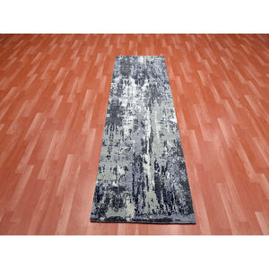 2'6"x8'3" Charcoal Gray Abstract Design Wool and Silk Denser Weave Persian Knot Hand Knotted Oriental Runner Rug FWR450474