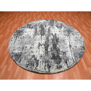 8'2"x8'2" Charcoal Gray Wool and Silk Abstract Design Denser Weave Persian Knot Hand Knotted Round Oriental Rug FWR450522