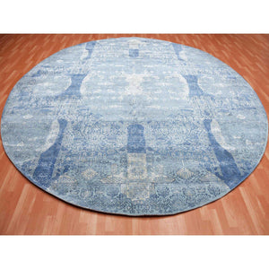 12'1'x12'1" Blue Hand Knotted Jewellery Design with Soft Colors Wool and Pure Silk Round Oriental Rug FWR450540