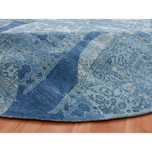 12'1'x12'1" Blue Hand Knotted Jewellery Design with Soft Colors Wool and Pure Silk Round Oriental Rug FWR450540