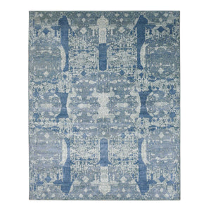 7'10"x10' Blue Wool and Pure Silk Hand Knotted Jewellery Design with Soft Colors Oriental Rug FWR450552