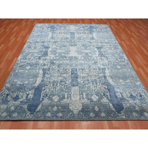 7'10"x10' Blue Wool and Pure Silk Hand Knotted Jewellery Design with Soft Colors Oriental Rug FWR450552