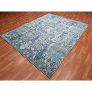 7'10"x10' Blue Wool and Pure Silk Hand Knotted Jewellery Design with Soft Colors Oriental Rug FWR450552