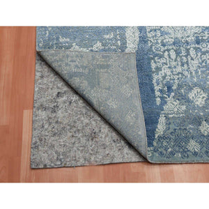 7'10"x10' Blue Wool and Pure Silk Hand Knotted Jewellery Design with Soft Colors Oriental Rug FWR450552