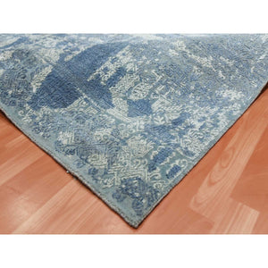 7'10"x10' Blue Wool and Pure Silk Hand Knotted Jewellery Design with Soft Colors Oriental Rug FWR450552