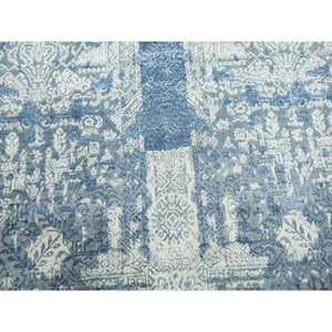 7'10"x10' Blue Wool and Pure Silk Hand Knotted Jewellery Design with Soft Colors Oriental Rug FWR450552