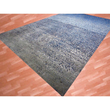 Load image into Gallery viewer, 12&#39;x18&#39; Denim Blue, Modern Dissipating Design, Hand Knotted Pure Silk and Wool, Oversized Oriental Rug FWR450600