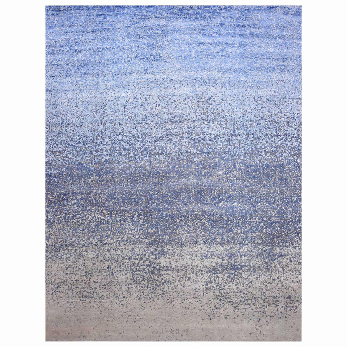 12'x15' Denim Blue, Pure Silk and Wool, Modern Dissipating Design Hand Knotted, Oversized Oriental Rug FWR450606