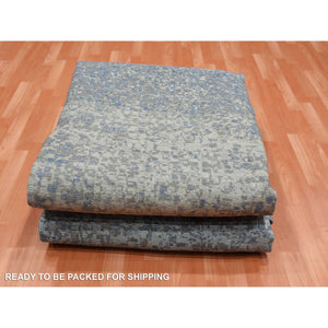 12'x15' Denim Blue, Pure Silk and Wool, Modern Dissipating Design Hand Knotted, Oversized Oriental Rug FWR450606