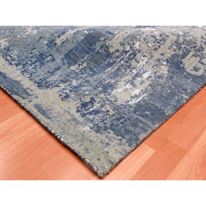 12'2"x15'1" Oceanic Blue, Abstract Design Hi-Low Pile, Denser Weave Hand Knotted Pure Silk and Wool, Oversized Oriental Rug FWR450612
