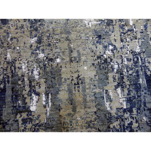 12'2"x15'1" Oceanic Blue, Abstract Design Hi-Low Pile, Denser Weave Hand Knotted Pure Silk and Wool, Oversized Oriental Rug FWR450612