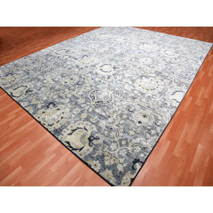 12'2"x15'4" Charcoal Gray Tulip And Large Blossom Design Pure Silk With Textured Wool Hand Knotted Overisze Oriental Rug FWR450702