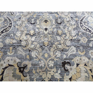 12'2"x15'4" Charcoal Gray Tulip And Large Blossom Design Pure Silk With Textured Wool Hand Knotted Overisze Oriental Rug FWR450702