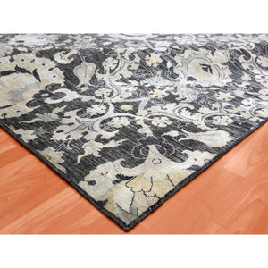8'2"X10' Gray-Blue Tulip and Large Blossom Design Pure Silk with Textured Wool Hand Knotted Oriental Rug FWR450726