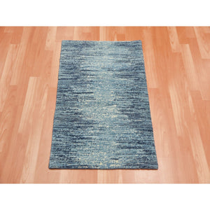 2'x3' Blue with Touches of Ivory Only Striae Design Hand Knotted Pure Wool Oriental Mat Rug FWR450732