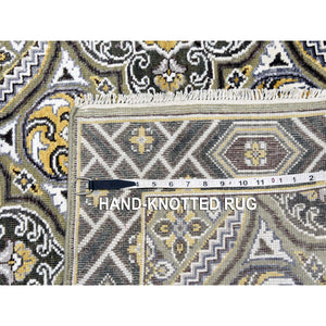 3'x5'2" Taupe-Brown Textured Wool and Silk Mughal Inspired Medallions Design Hand-Knotted Oriental Rug FWR450804