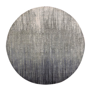 7'x7'2" Gray and Black Densely Woven Hand Knotted Modern Ombre Design Pure Wool Round Oriental Rug FWR450882
