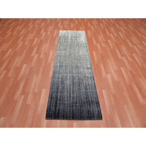 2'6"x8' Gray and Black, Pure Wool Hand Knotted, Modern Ombre Design Densely Woven, Runner Oriental Rug FWR450948