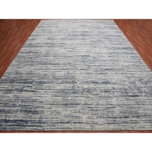 11'7"x14'10" Blue and Ivory, Modern Striae Design Pure Silk with Textured Wool Hand Knotted Tone on Tone, Oversized Oriental Rug FWR450966