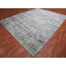 Load image into Gallery viewer, 11&#39;7&quot;x14&#39;10&quot; Blue and Ivory, Modern Striae Design Pure Silk with Textured Wool Hand Knotted Tone on Tone, Oversized Oriental Rug FWR450966