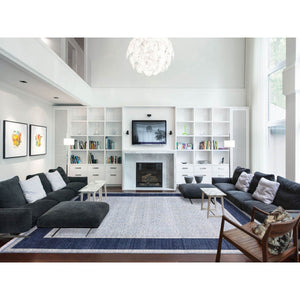 12'2"x15'3" Shades of Blue, Leaf All Over Pattern with A Distinct Contrasting Border Colors, Tone on Tone, Pure Wool Hand Knotted, Oversized Oriental Rug FWR451014
