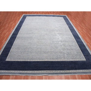 12'2"x15'3" Shades of Blue, Leaf All Over Pattern with A Distinct Contrasting Border Colors, Tone on Tone, Pure Wool Hand Knotted, Oversized Oriental Rug FWR451014
