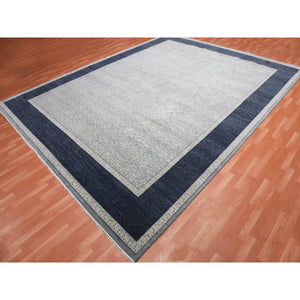 12'2"x15'3" Shades of Blue, Leaf All Over Pattern with A Distinct Contrasting Border Colors, Tone on Tone, Pure Wool Hand Knotted, Oversized Oriental Rug FWR451014