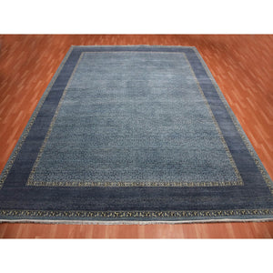 12'x15'4" Shades of Blue, Hand Knotted Leaf All Over Pattern with A Distinct Contrasting Border Color, Tone on Tone Pure Wool, Oversized Oriental Rug FWR451020
