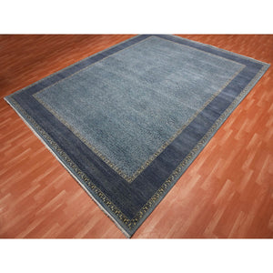 12'x15'4" Shades of Blue, Hand Knotted Leaf All Over Pattern with A Distinct Contrasting Border Color, Tone on Tone Pure Wool, Oversized Oriental Rug FWR451020