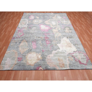 9'x12'1" Stone Gray with Pop of Colors, Pure Silk and Textured Wool Hand Knotted, Eclectic Design, Oriental Rug FWR451056