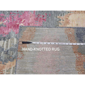 9'x12'1" Stone Gray with Pop of Colors, Pure Silk and Textured Wool Hand Knotted, Eclectic Design, Oriental Rug FWR451056
