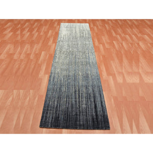 2'6"x10'2" Gray and Black, Pure Wool Hand Knotted, Modern Ombre Design Densely Woven, Runner Oriental Rug FWR451104